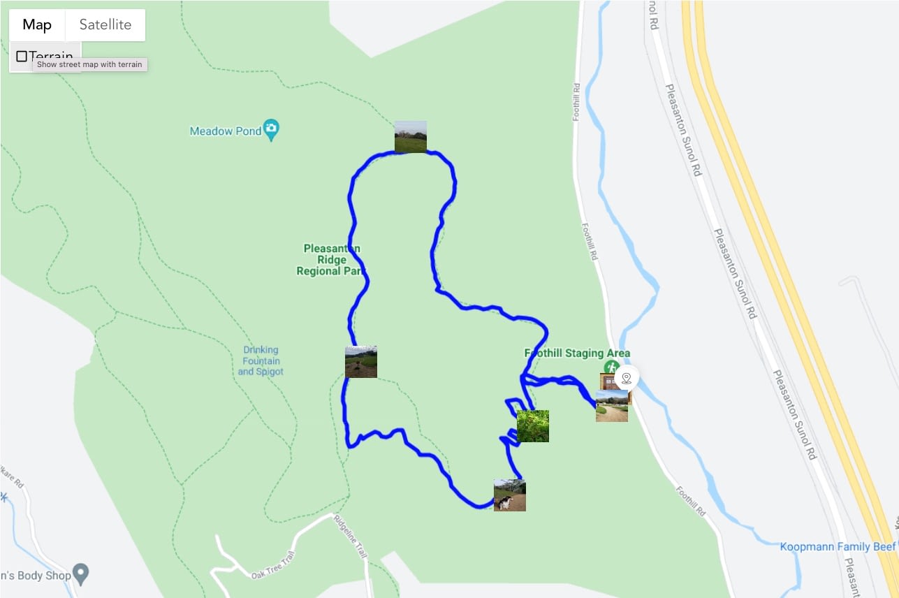 Adventure map of Pleasanton Ridge Regional Park - dog friendly hikes